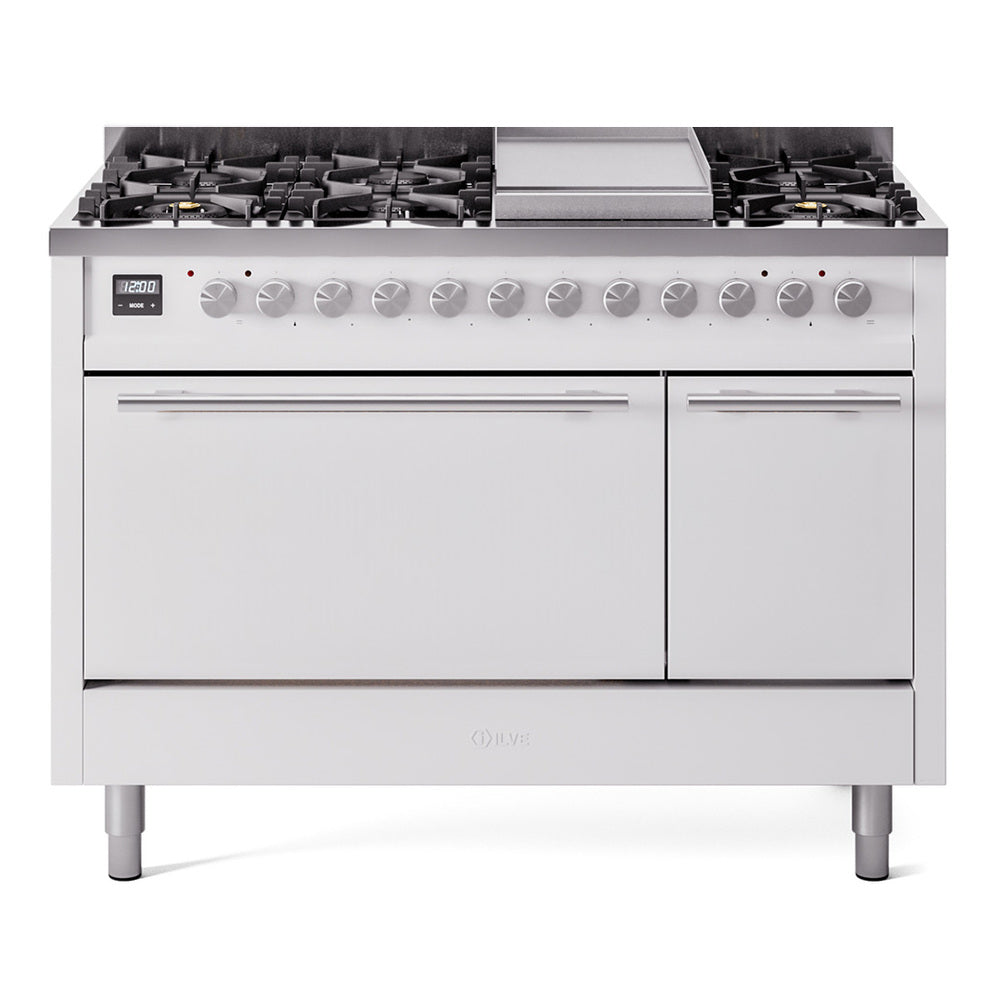 White dual fuel range with stainless knobs, burners, and center griddle