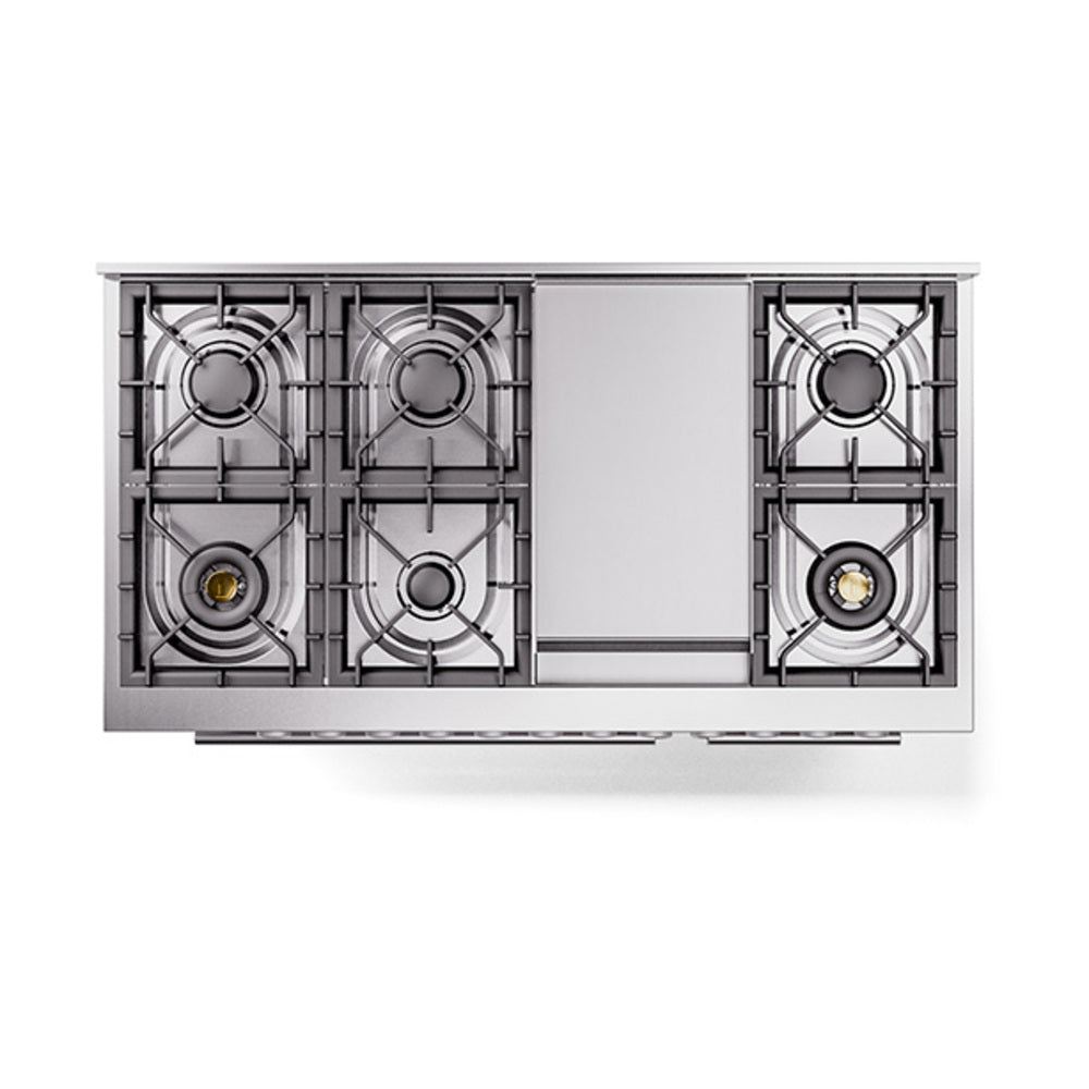 Dual fuel range cooktop with four burners visible from above and gray burner caps