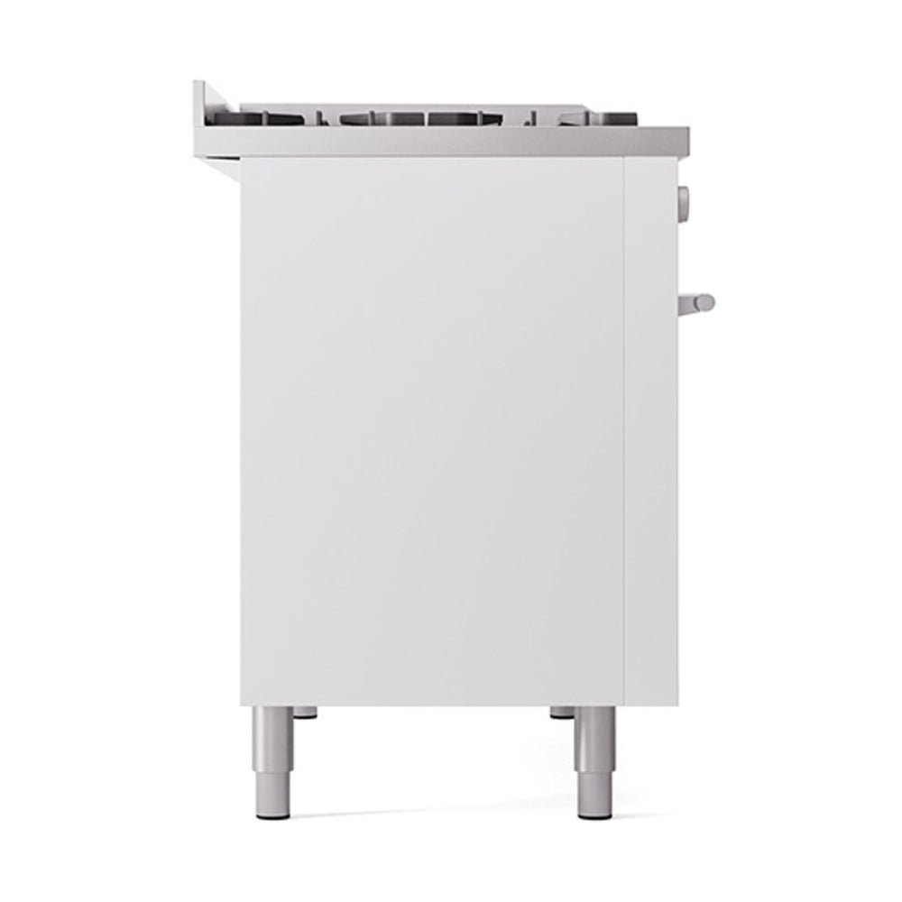 White dual fuel range with solid oven door, front view, stainless legs