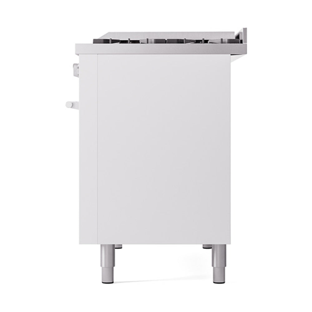 White dual fuel range with solid oven door and side control knobs, front view