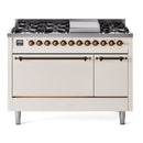ILVE 48-Inch Nostalgie II Natural Gas Dual Fuel Range with 8 Burners, Griddle, and Solid Door Oven in Antique White with Bronze Trim (UP48FQNMPAWB)