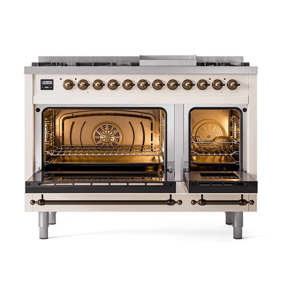 Antique white dual-fuel range showing two oven interiors with racks