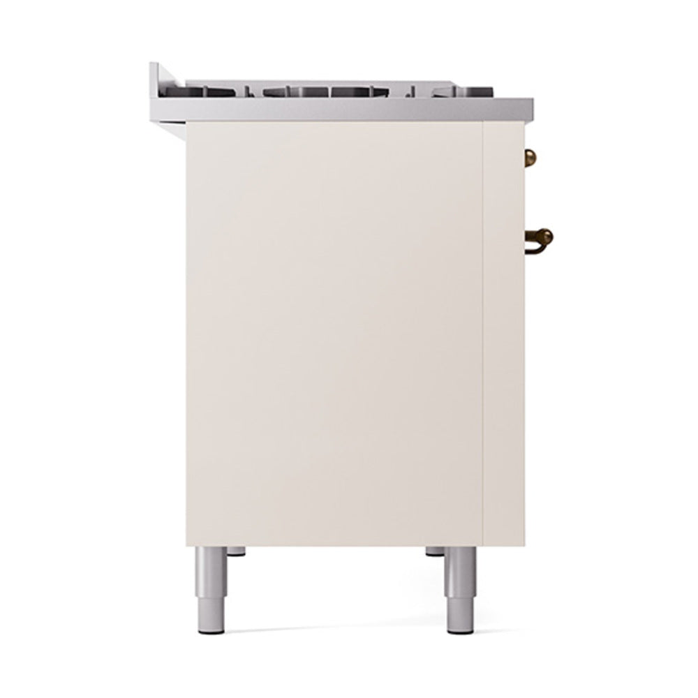 Antique white rear corner of dual fuel range with bronze knob controls