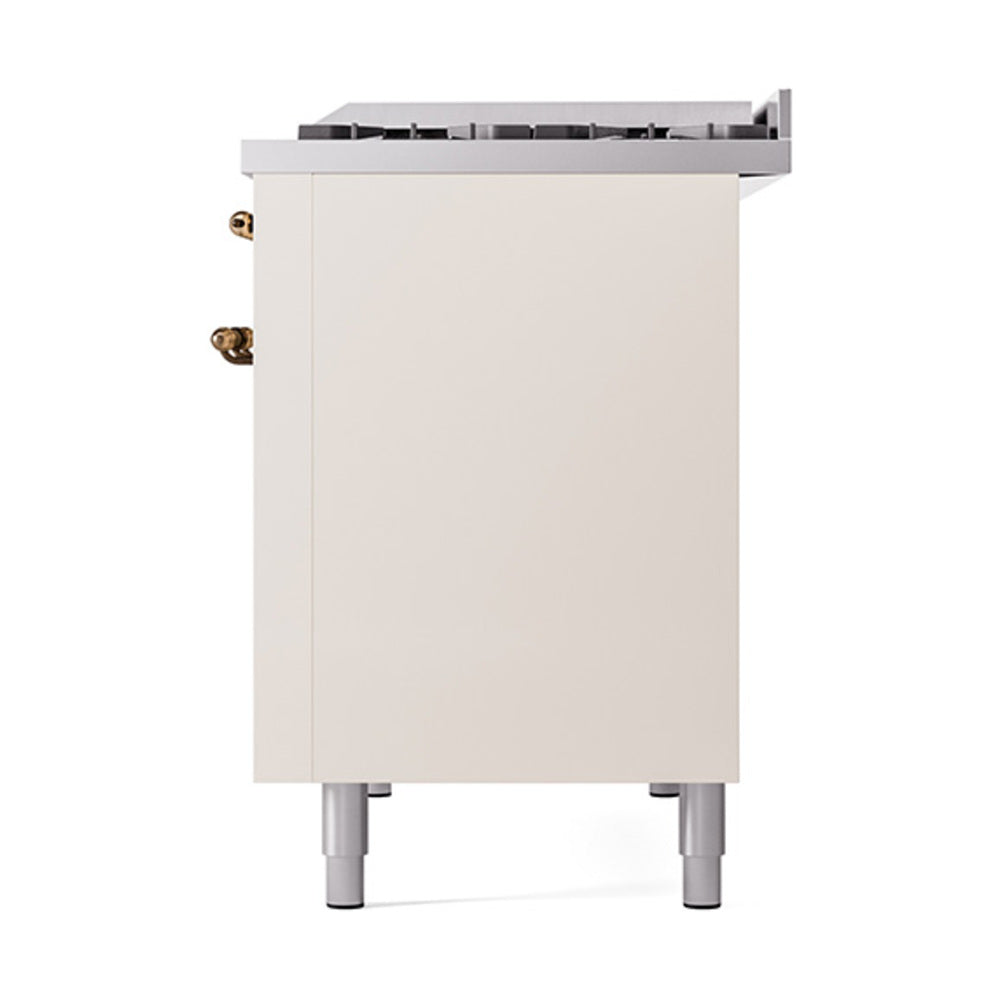 Antique white oven-side panel with two bronze gas knobs and gray leveling legs