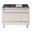 ILVE 48-Inch Nostalgie II Dual Fuel Range with 8 Burners, Griddle, and Solid Door Oven in Antique White with Chrome Trim (UP48FQNMPAWC)