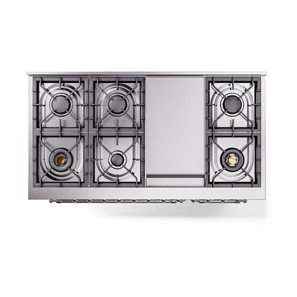 ILVE dual fuel range cooktop with multiple gas burners and chrome burner grates