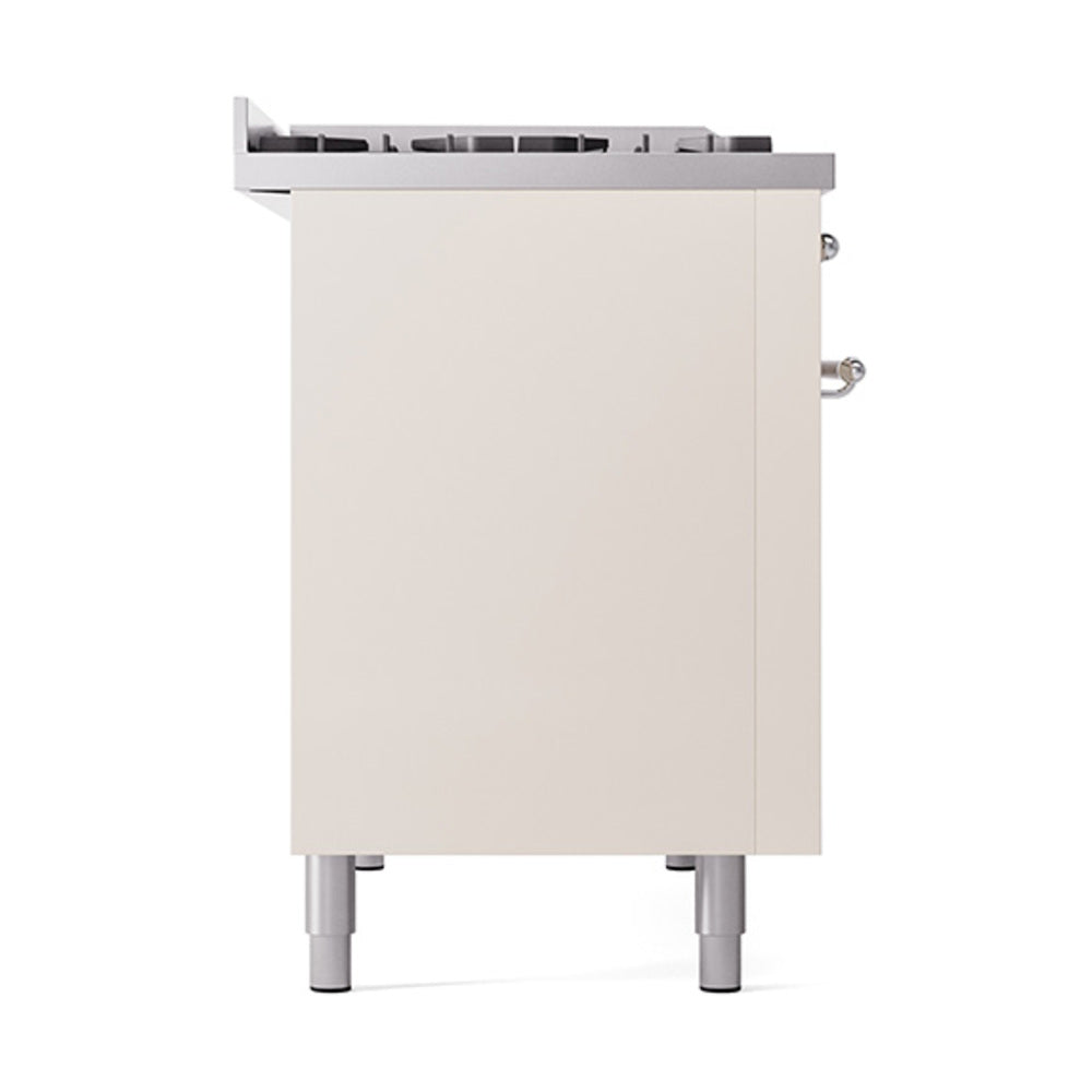 ILVE dual fuel range, antique white side panel with chrome handles and legs