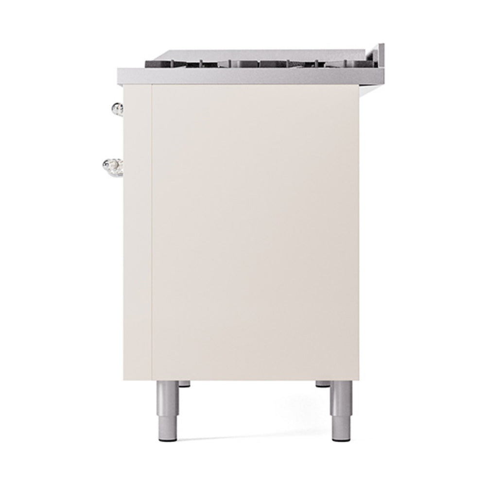 ILVE dual fuel range, antique white front with chrome-trim control knobs and legs