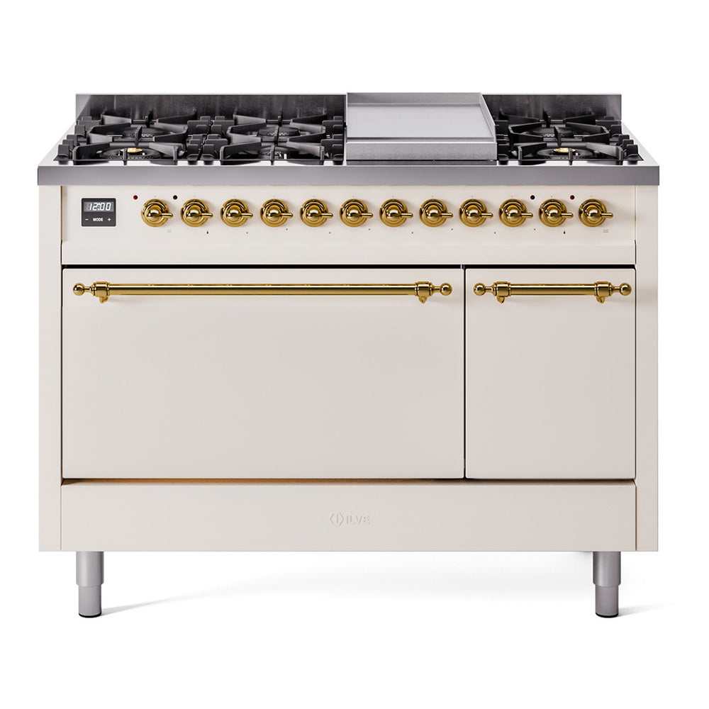 Antique white gas dual fuel range with brass trim, burners, and oven/griddle doors