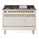 ILVE 48-Inch Nostalgie II Propane Gas Dual Fuel Range with 8 Burners, Griddle, and Solid Door Oven in Antique White with Brass Trim (UP48FQNMPAWGLP)