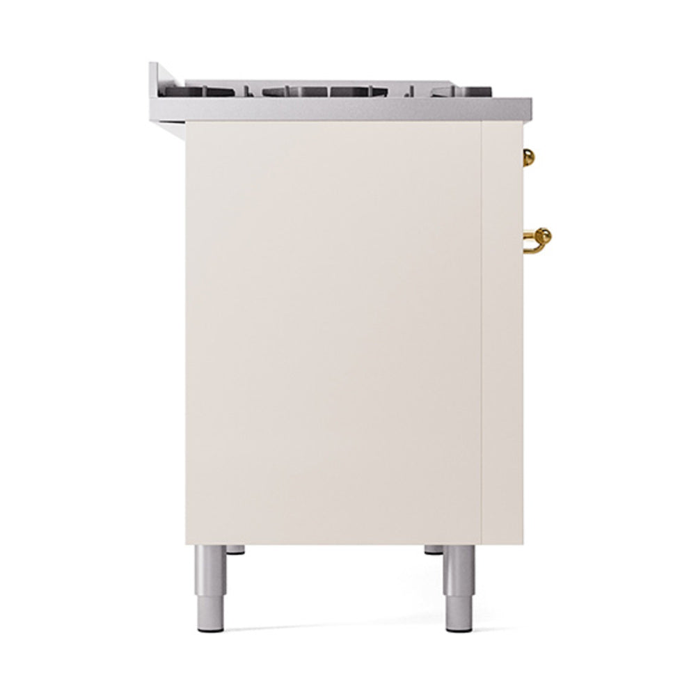 Antique white dual fuel oven doors with brass hinges and adjustable legs