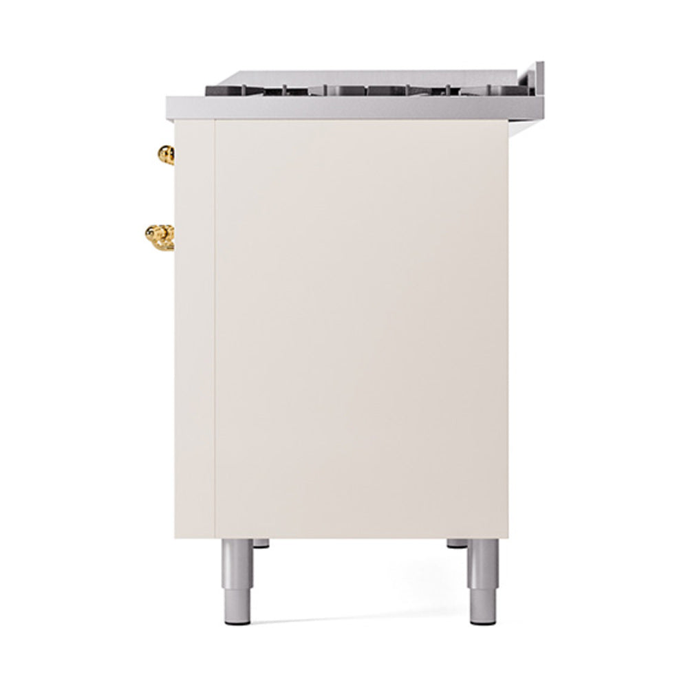 Antique white dual fuel range back with brass hinges and four leveling legs