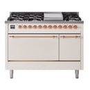 ILVE 48-Inch Nostalgie II Natural Gas Dual Fuel Range with 8 Burners, Griddle, and Solid Door Oven in Antique White with Copper Trim (UP48FQNMPAWP)