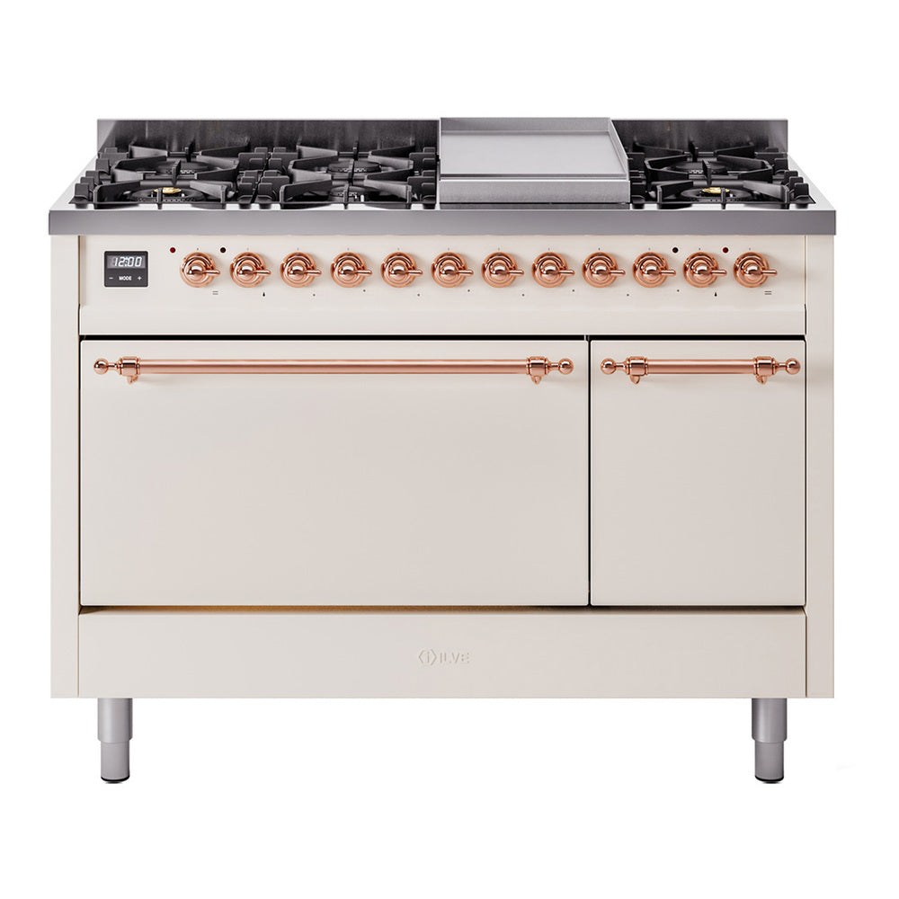Antique white dual fuel range with copper-trim knobs, burners, griddle, and double doors