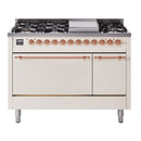 ILVE 48-Inch Nostalgie II Propane Gas Dual Fuel Range with 8 Burners, Griddle, and Solid Door Oven in Antique White with Copper Trim (UP48FQNMPAWPLP)
