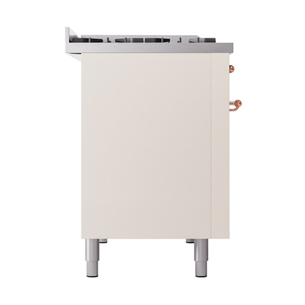 Antique white oven side panel with copper handle detail and adjustable leveling feet