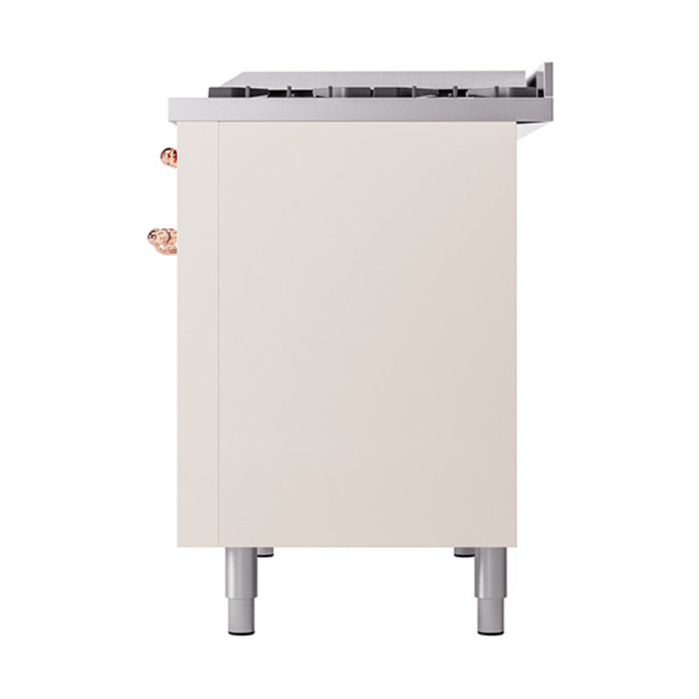 Dual fuel range end panel in antique white with copper handle details and legs