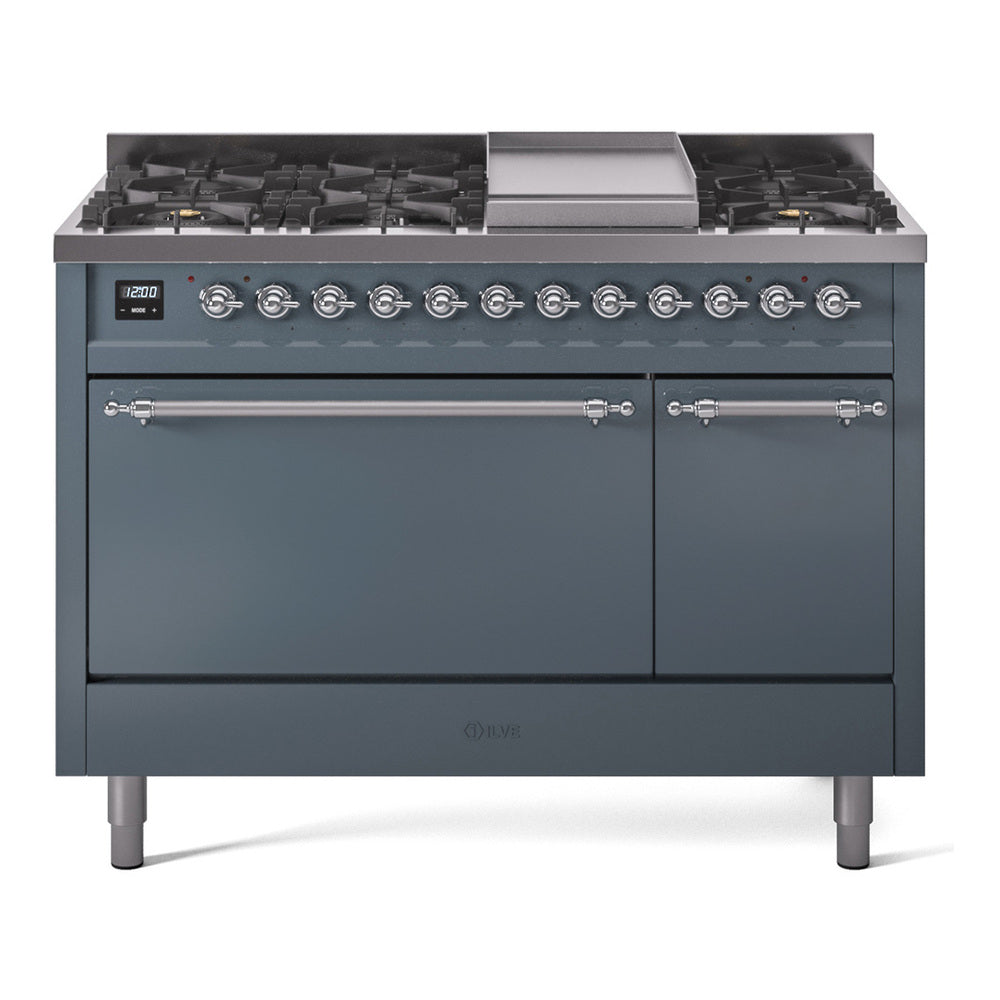 Dual fuel range with blue-gray finish, chrome knobs, griddle, and two oven doors