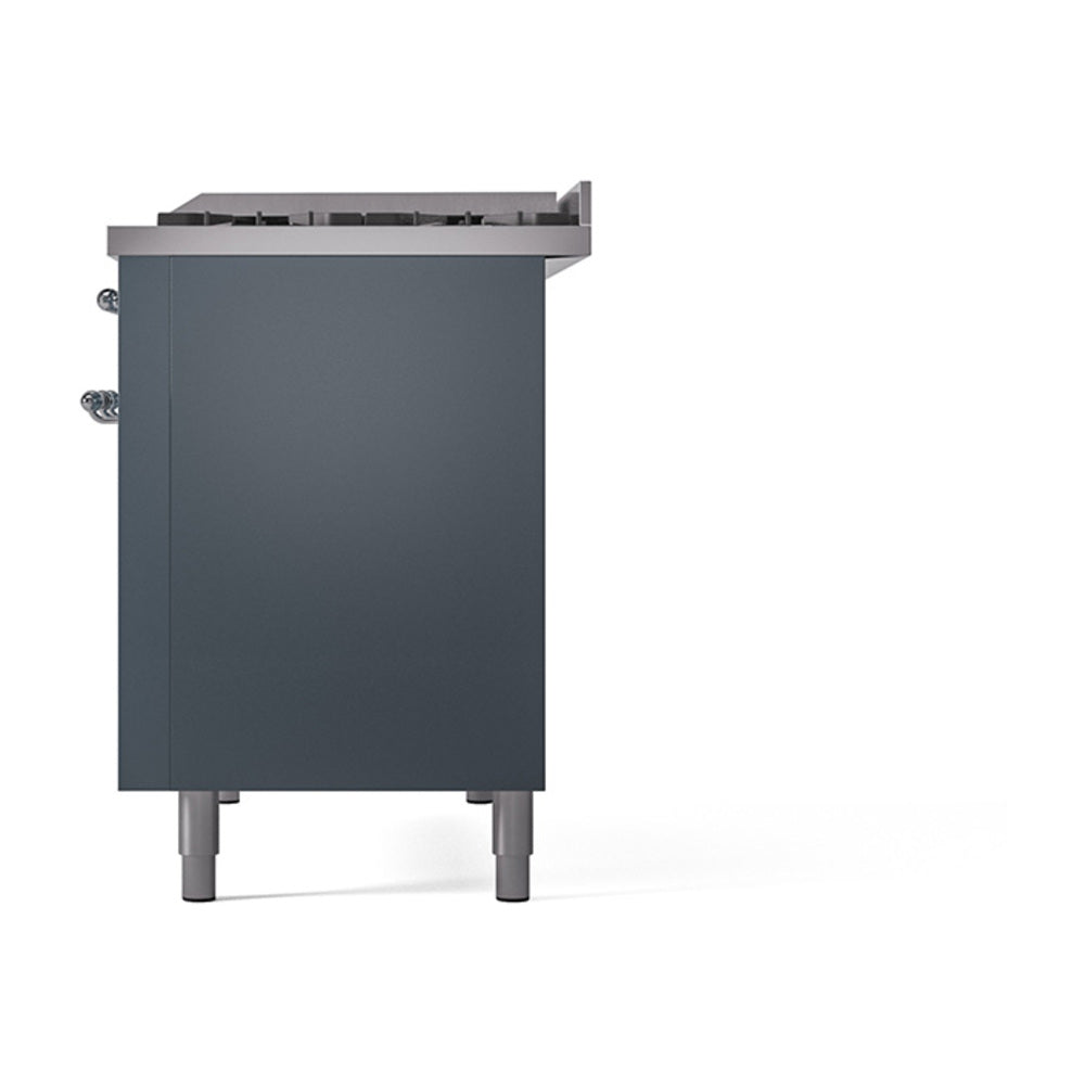 Dual fuel range side/back panel in blue-gray with two rear control knobs