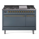 ILVE 48-Inch Nostalgie II Natural Gas Dual Fuel Range with 8 Burners, Griddle, and Solid Door Oven in Blue Grey with Bronze Trim (UP48FQNMPBGB)