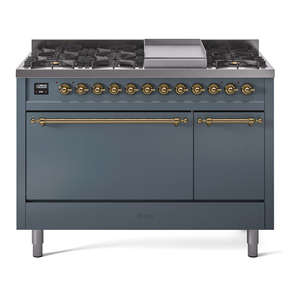 ILVE dual fuel range in blue grey with bronze trim; front burners and griddle