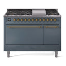 ILVE 48-Inch Nostalgie II Propane Gas Dual Fuel Range with 8 Burners, Griddle, and Solid Door Oven in Blue Grey with Bronze Trim (UP48FQNMPBGBLP)