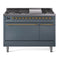 ILVE 48-Inch Nostalgie II Propane Gas Dual Fuel Range with 8 Burners, Griddle, and Solid Door Oven in Blue Grey with Bronze Trim (UP48FQNMPBGBLP)