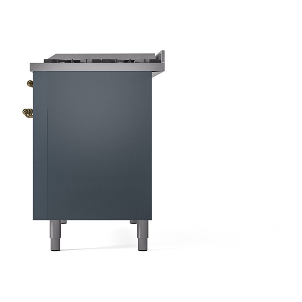 ILVE dual fuel range back panel in blue grey with bronze accents and leveling legs