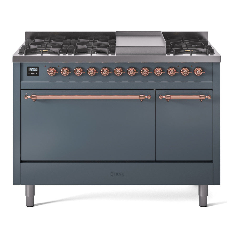 ILVE dual fuel range front with burner knobs, griddle surface, and solid door oven