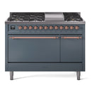 ILVE 48-Inch Nostalgie II Propane Gas Dual Fuel Range with 8 Burners, Griddle, and Solid Door Oven in Blue Grey with Copper Trim (UP48FQNMPBGPLP)