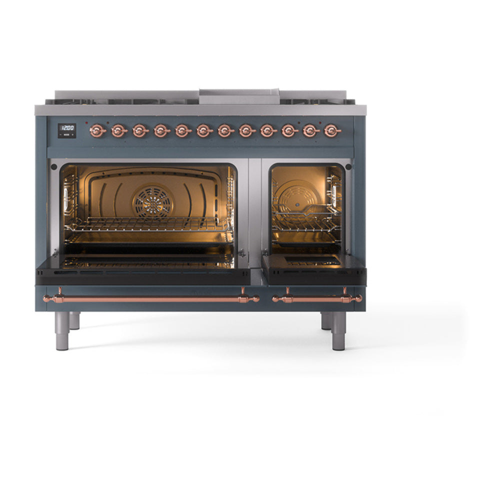 ILVE range oven doors open, showing two interiors with racks in blue-grey unit