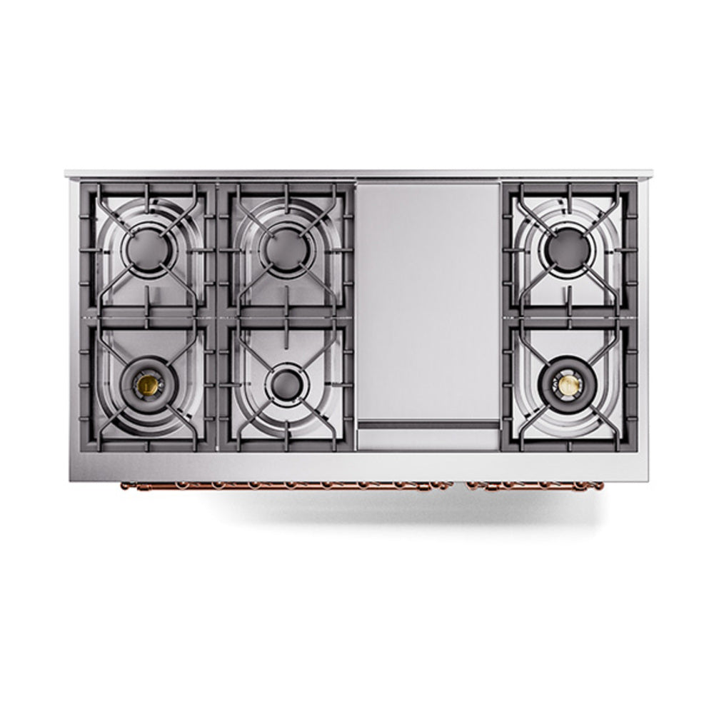 ILVE dual fuel range cooktop with 8 burners and griddle, blue-grey with copper trim