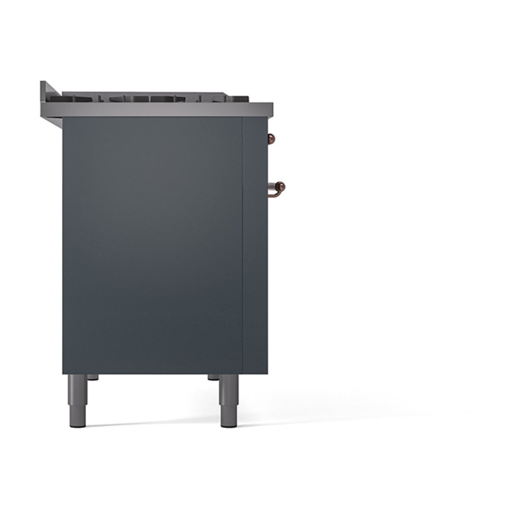 ILVE dual fuel range side panel, blue-grey with copper control knobs and rear vent