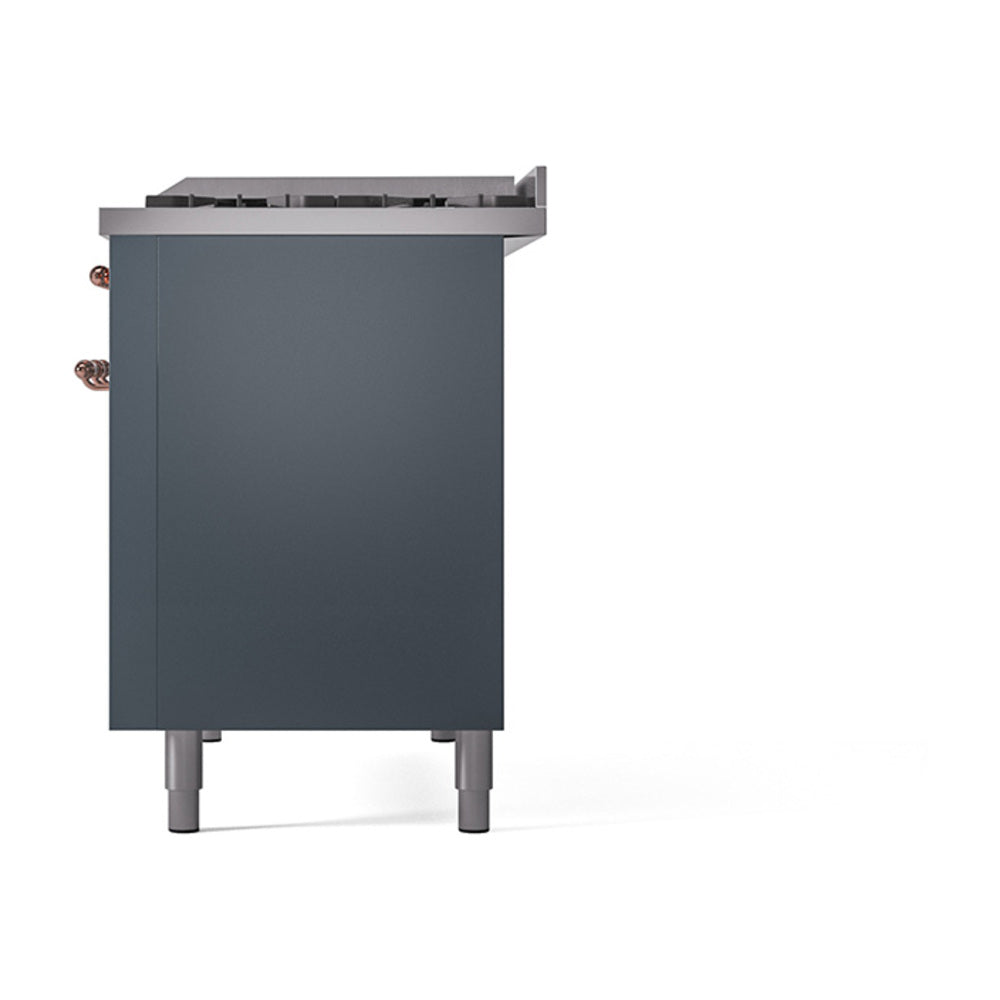 ILVE dual fuel range side view, blue-grey cabinet with copper knob accents and feet