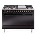 ILVE 48-Inch Nostalgie II Natural Gas Dual Fuel Range with 8 Burners, Griddle, and Solid Door Oven in Glossy Black with Bronze Trim (UP48FQNMPBKB)