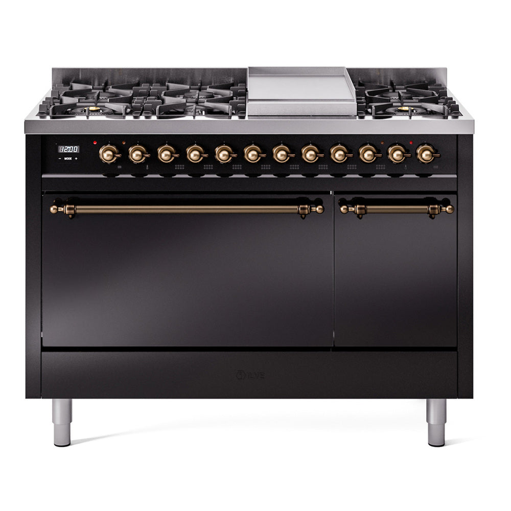 Nostalgie dual fuel range, glossy black body with bronze knobs and burner grates