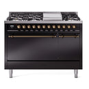 ILVE 48-Inch Nostalgie II Propane Gas Dual Fuel Range with 8 Burners, Griddle, and Solid Door Oven in Glossy Black with Bronze Trim (UP48FQNMPBKBLP)