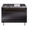 ILVE 48-Inch Nostalgie II Propane Gas Dual Fuel Range with 8 Burners, Griddle, and Solid Door Oven in Glossy Black with Bronze Trim (UP48FQNMPBKBLP)