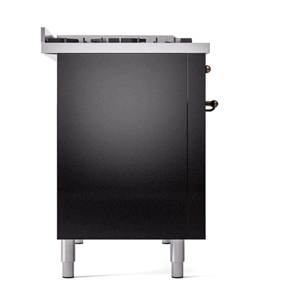 Glossy black oven cabinet side panel with bronze handle and support legs