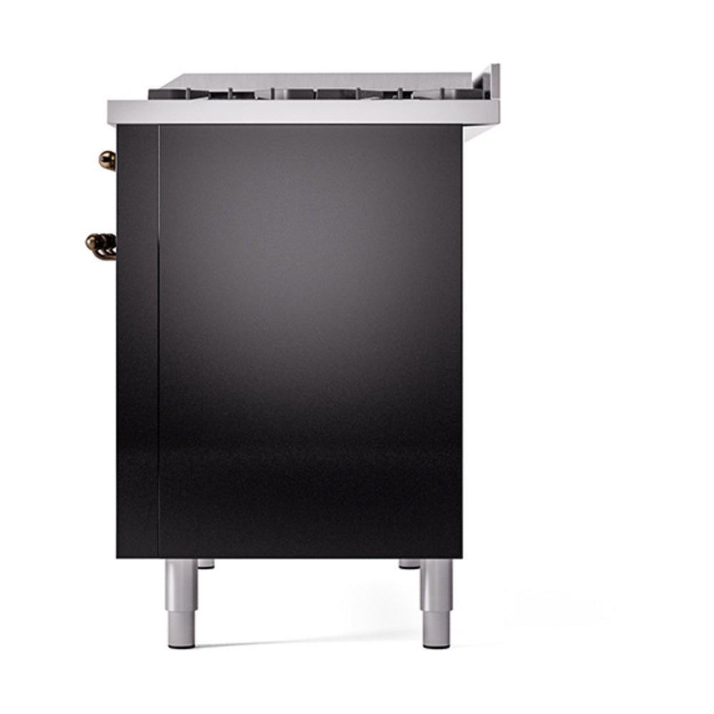 Glossy black oven cabinet side panel with bronze hinges and support legs