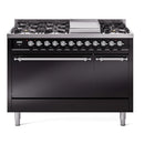 ILVE 48-Inch Nostalgie II Natural Gas Dual Fuel Range with 8 Burners, Griddle, and Solid Door Oven in Glossy Black with Chrome Trim (UP48FQNMPBKC)