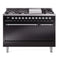 ILVE 48-Inch Nostalgie II Propane Gas Dual Fuel Range with 8 Burners, Griddle, and Solid Door Oven in Glossy Black with Chrome Trim (UP48FQNMPBKCLP)