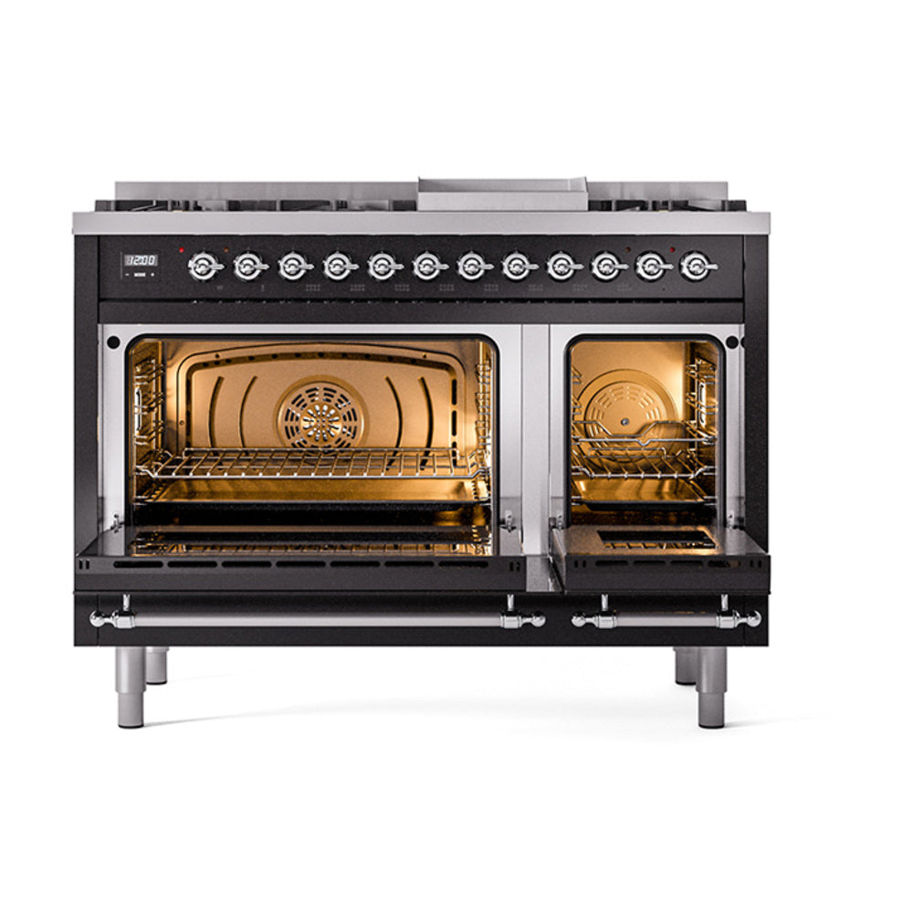 ILVE range with both oven doors open, showing interior racks and cooking cavities