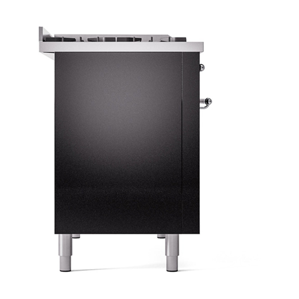Black solid oven door panel with side handle and silver legs on a dual-fuel range