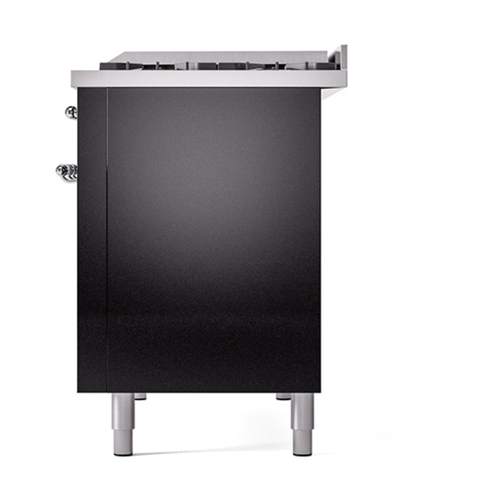 ILVE glossy black side panel with chrome knobs and leveling legs