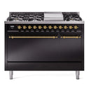 ILVE 48-Inch Nostalgie II Propane Gas Dual Fuel Range with 8 Burners, Griddle, and Solid Door Oven in Glossy Black with Brass Trim (UP48FQNMPBKGLP)