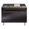 ILVE 48-Inch Nostalgie II Propane Gas Dual Fuel Range with 8 Burners, Griddle, and Solid Door Oven in Glossy Black with Brass Trim (UP48FQNMPBKGLP)