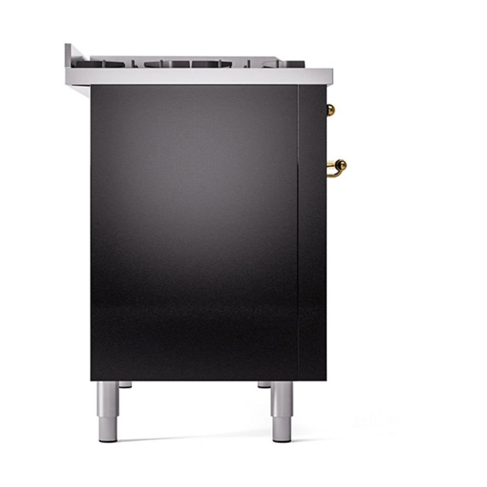 Glossy black dual-fuel range side panel with brass handle and stainless legs