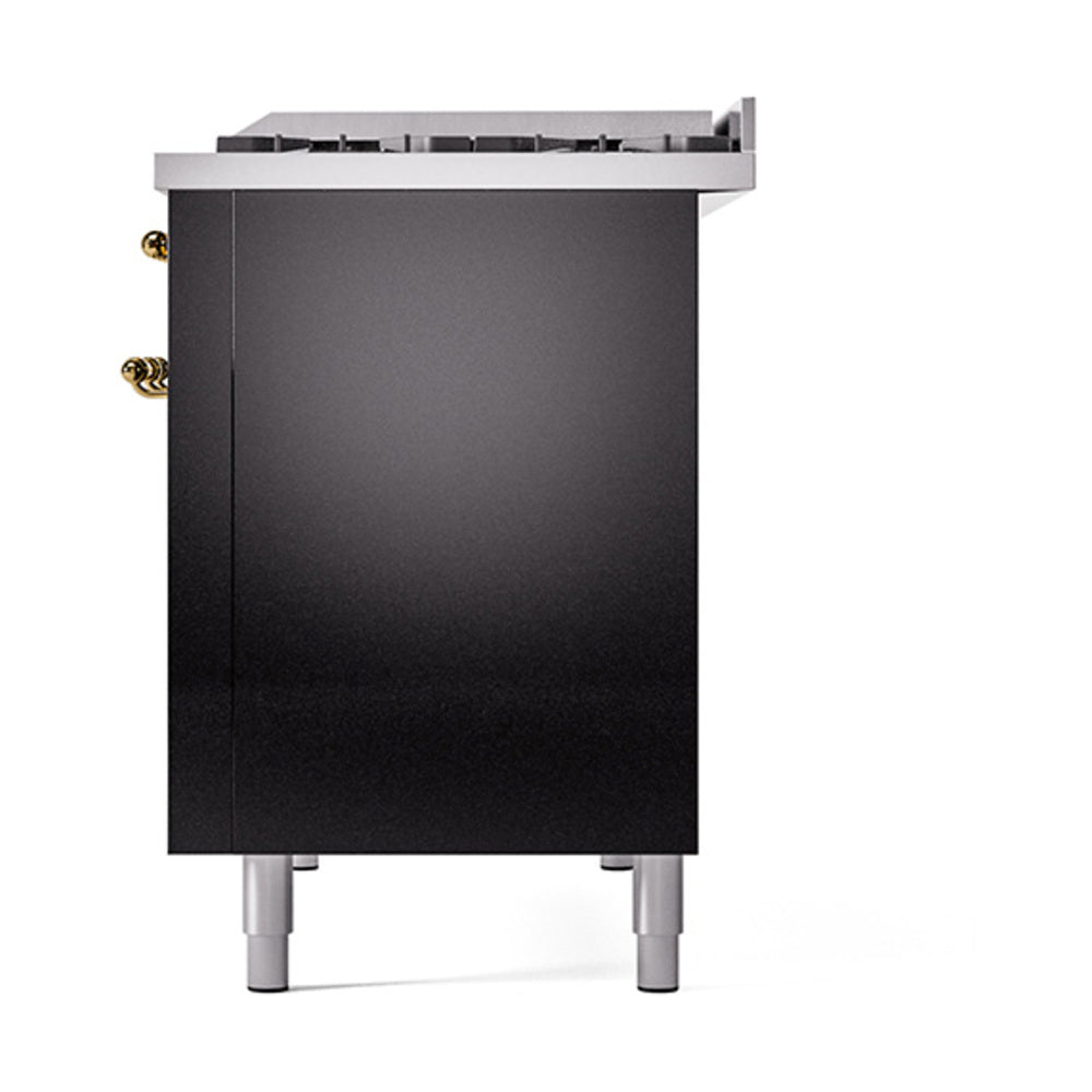Glossy black dual-fuel range side panel with brass connectors and stainless legs