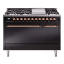 ILVE 48-Inch Nostalgie II Propane Gas Dual Fuel Range with 8 Burners, Griddle, and Solid Door Oven in Glossy Black with Copper Trim (UP48FQNMPBKPLP)